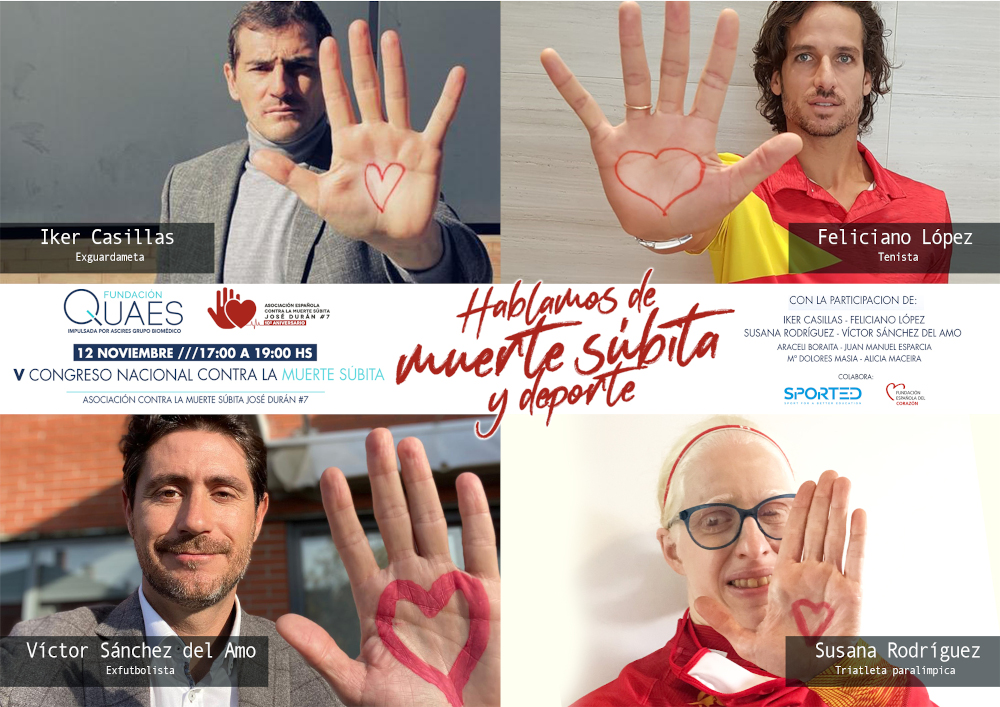 Cuatro deportistas españoles mostrando en su palma un corazón